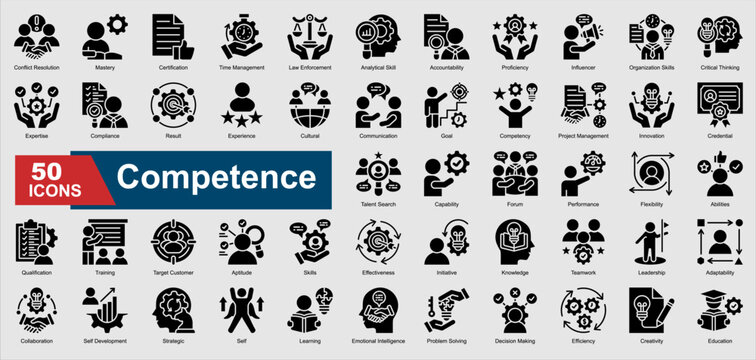 A collection set of glyph Competence icons. Includes expertise, proficiency, leadership, problem solving, training, and more. Perfect for illustration and design.