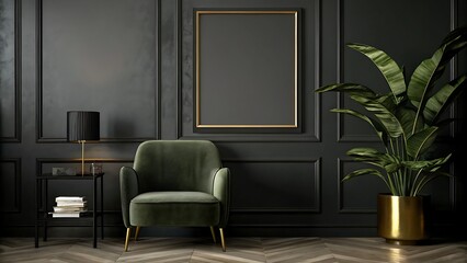 Fototapeta premium A green armchair with a plant and a lamp in a dark room