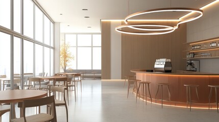 Modern cafe interior design, bright space, minimalist bar, sunny windows, seating area