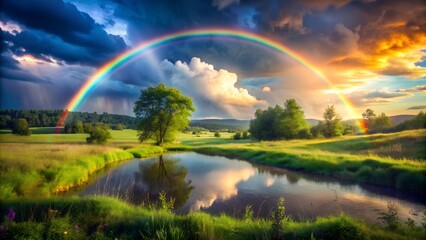 Naklejka premium A beautiful nature, cloudy skies and a rainbow.