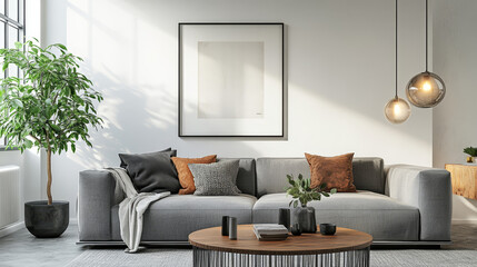 The stylish compostion at living room interior with mock up poster frame, design gray sofa, coffee table, plant, hanger, lamp and elegant personal accessories. Loft and industrial interior. Template
