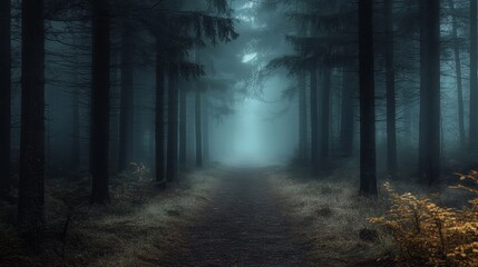 Naklejka premium Misty forest path through tall dark trees