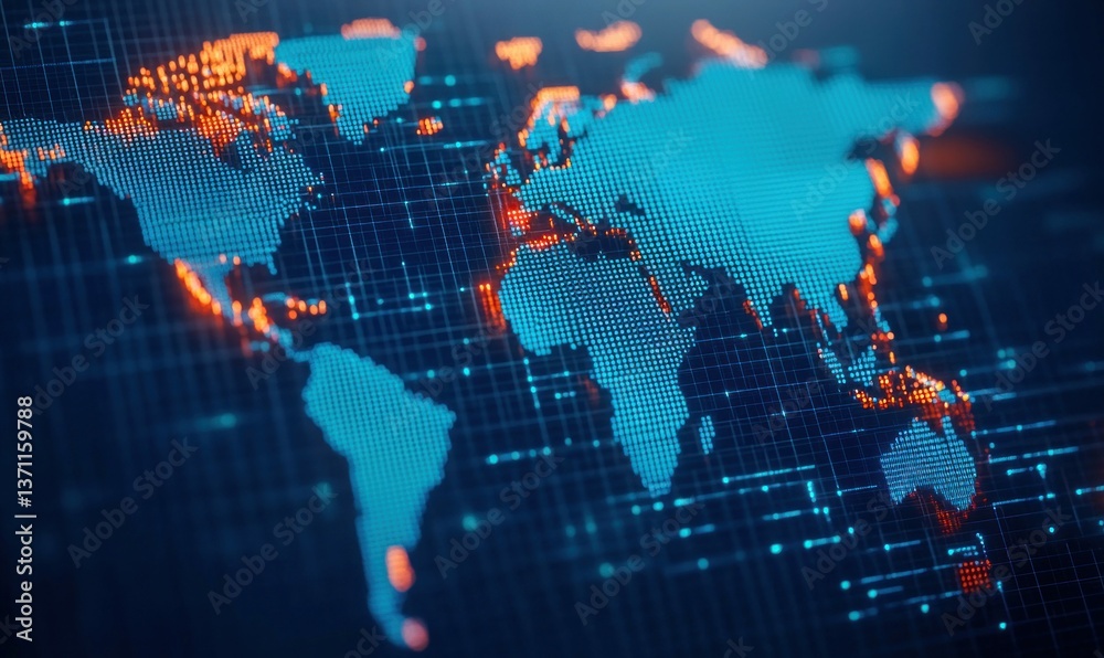 Poster a glowing digital world map illustrates global connectivity with interconnected data points and netw