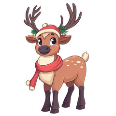 Cartoon Christmas elk wearing a festive hat and scarf, celebrating the holiday spirit in a cheerful and colorful design on a transparent background, Cartoon Christmas Elk Isolated on transparent