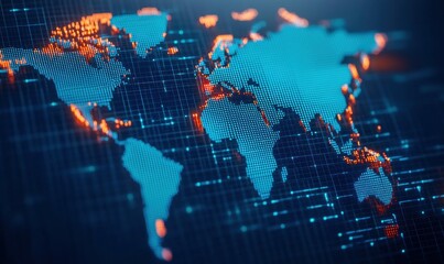 Obraz premium A glowing digital world map illustrates global connectivity with interconnected data points and networks.
