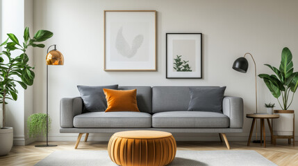 Stylish and retro interior of living room with design commode, gray sofa, round pendant lamp, vintage footrest, elegant accessories and mock up photo frames. Minimalistic home decor  with plants. 