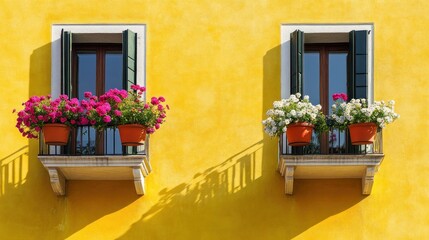 Vibrant Yellow Wall with Flowering Windowsills A Charming Scene for Home Decor and Nature Enth