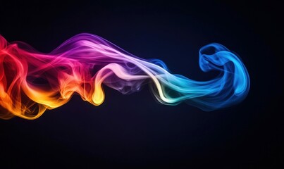 Swirling multicolored smoke creates an abstract design against a dark, moody backdrop.