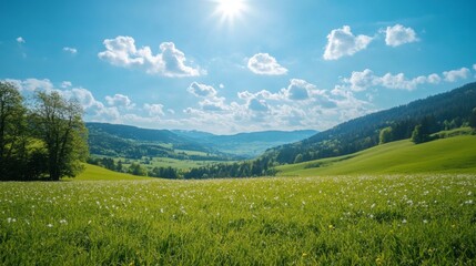 Fototapeta premium Captivating spring landscape with lush green fields and rolling hills in sharp focus photography