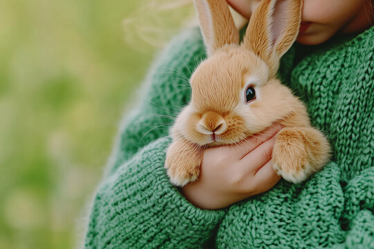 Little girl gently holding fluffy bunny in green sweater with love and care outdoors