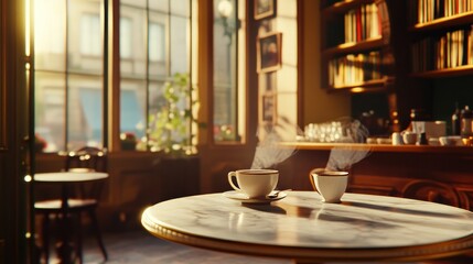Fototapeta premium Warm Morning Light in a Cozy Cafe with Steaming Coffee Cups on a Marble Table Perfect for Rela