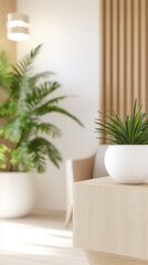 Fototapeta premium Minimal natural office interior with wooden counter, green potted plants and warm lighting decor
