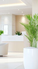 Fototapeta premium Modern bright reception area with green indoor plants and white minimalist desk in clean design