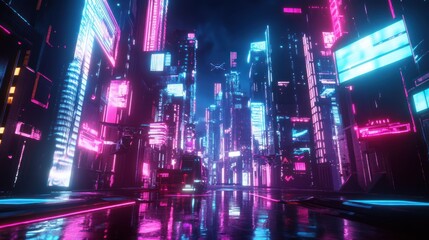 Fototapeta premium Neon Cityscape at Night Reflecting Vibrant Futuristic Urban Scene