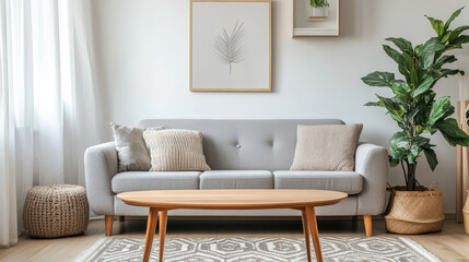Stylish scandinavian interior of living room with design grey sofa, retro wooden table, mock up poster frame, decoration , carpet and personal accessories in elegant home decor.

