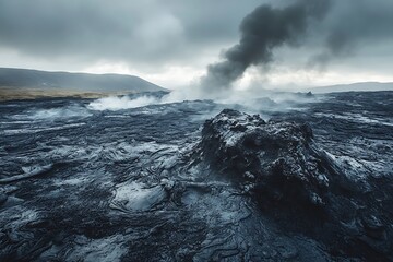 A volcanic landscape with blackened rocks and ash, the ground still warm from recent eruptions. Steam rises from fissures, creating an eerie and otherworldly atmosphere