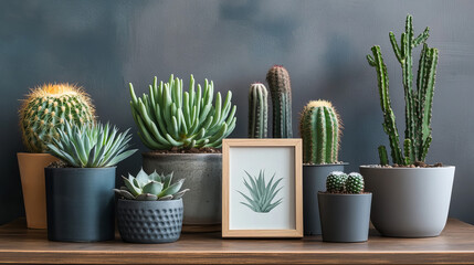 Minimalistic home interior with mock up photo frame on the brown table with composition of cacti and succulents on the wooden piece in stylish cement pots. Grey walls. Stylish concept of home garden.