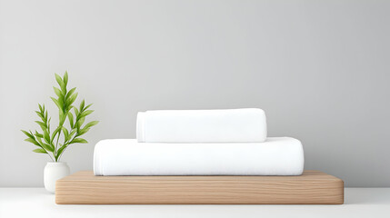 Two white towels stacked on light wood, beside small plant
