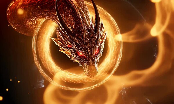 Golden Dragon Head With Fiery Particles and Glowing Eyes in Dark Background