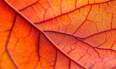 Detailed close-up showcasing the vibrant orange and red veins of an autumn leaf.