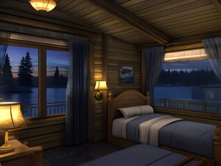 Cozy Cabin Bedroom Lake View Night Scene