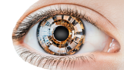 Png of A close-up of a human eye, featuring a futuristic design with intricate patterns resembling cityscapes in vibrant colors on transparent background.
