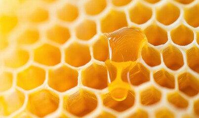 A macro shot highlights the texture and color of honey dripping from a natural honeycomb.