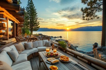 Tranquil sunset views from a log cabin at lake tahoe with outdoor dining amidst nature s beauty