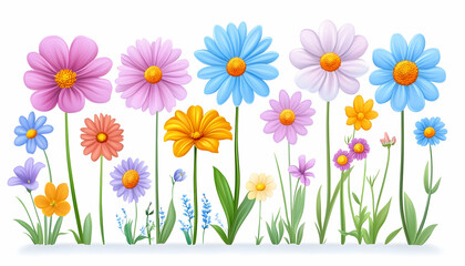 Vibrant colorful flowers in a row, various sizes and types