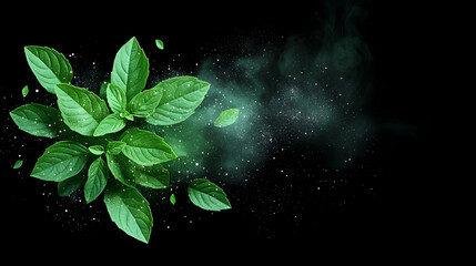 Vibrant green leaves with water droplets levitate against a dark, smoky background