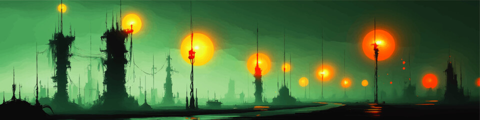 Futuristic Fantasy Vector Illustration Depicting Dystopian Cityscape Skyline with Abstract Towers Glowing Bright Orange Lights in Moody Atmospheric Green Digital Art