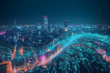 Glowing data streams through futuristic cityscape night.