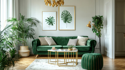 Luxury living room in house with modern interior design, green velvet sofa, coffee table, pouf, gold decoration, plant, lamp, carpet, mock up poster frame and elegant accessories. Template.