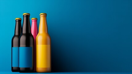 Craft beer bottles stand in a row against a solid blue backdrop, showcasing diverse colors and label designs.