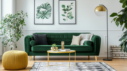 Luxury living room in house with modern interior design, green velvet sofa, coffee table, pouf, gold decoration, plant, lamp, carpet, mock up poster frame and elegant accessories. Template. 