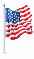 Waving American flag on a flagpole, against a white background