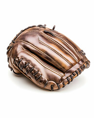 Well-worn brown leather baseball glove, showing stitching and texture, isolated on white
