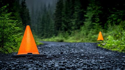 Wet orange traffic cones on a gravel road in a forest