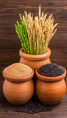 Wheat, barley, and black quinoa in rustic clay pots