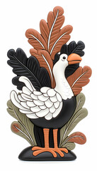 Whimsical bird figurine with stylized foliage, crafted from textured materials