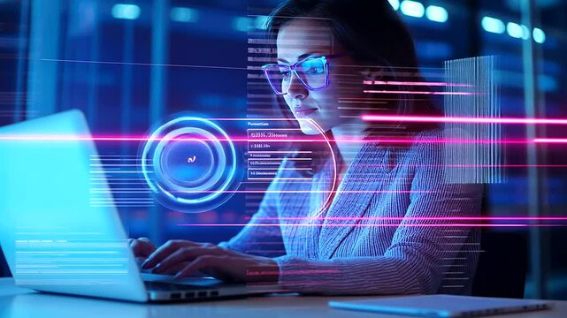 A businesswoman efficiently handles payroll using automation technology in a sleek, modern office setting.