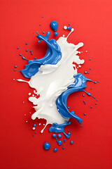 White and blue paint splashes on red backdrop