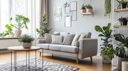 Stylish home nordic living room with design sofa, family table, plant, white and grey bookstand on the wall. A lot of plants in design pots. Brown wooden parquet.Concept of minimalistic interior.