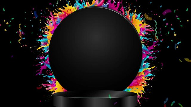 Happy Holi 3D Podium. Explosion of Colorful Particles Powder Animated on black Background. Frame border circle of Bright Multicolor splash paint in Slow motion. Animation looping Graphic Video

