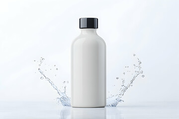 White bottle with black cap amidst water splash on white background