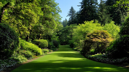 Obraz premium Scenic Garden Pathway With Lush Green Trees