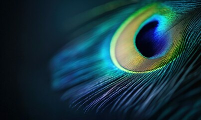 Obraz premium An exquisite close-up of a peacock feather showcases its brilliant, iridescent colors and textures.
