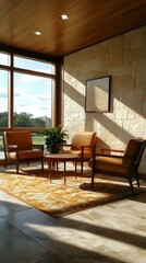 Fototapeta premium Sunlit lounge area with modern armchairs, coffee table, and patterned rug. Peaceful and inviting atmosphere.