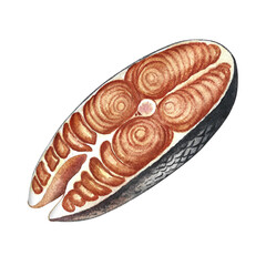 A butchered piece of red fish. A hand-drawn watercolor illustration. Color image of seafood. Separate from the background. Perfect for menus, recipe books, packages, labels, and more.