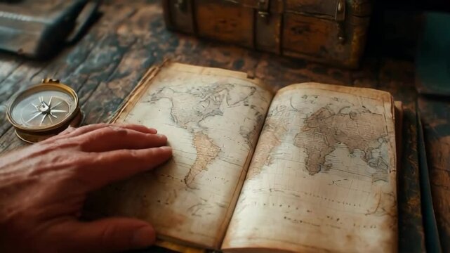 A book is open to a page with a map of the world. A compass is sitting on the table next to the book